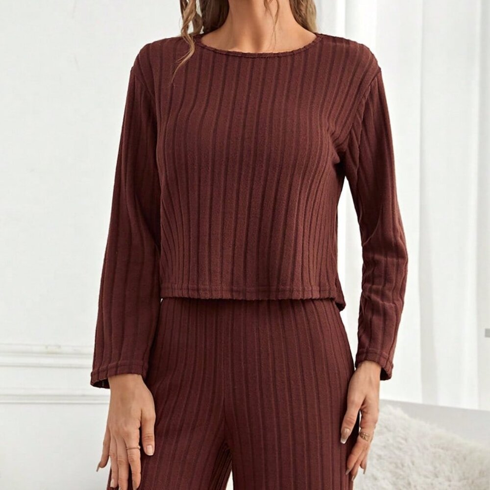 Coffee Brown Casual-Woman Women's Long Sleeve Ribbed lounge Set - Picture 4 of 6